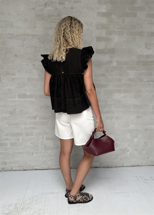 Garment dyed cotton frill sleeve top Sort W0587 Ganni 